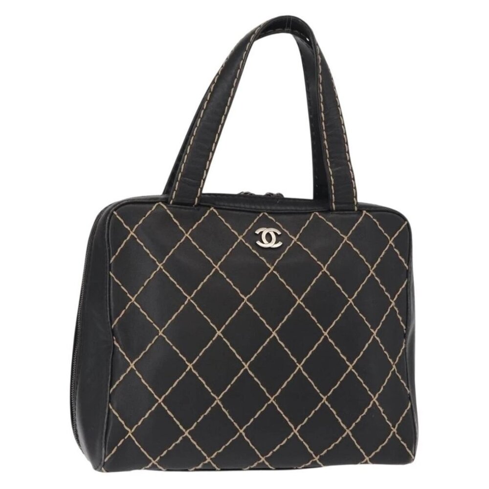 CHANEL Wild stitch Hand Bag Lamb Skin Black CC Auth BA8410 - Picture 2 of 16